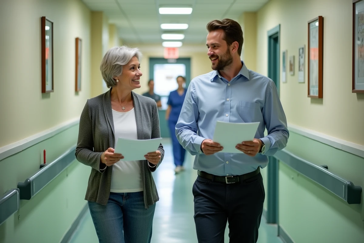 Accompagnateur externe et directrice d'ESSMS en visite terrain dans un établissement d'hébergement pour personnes âgées