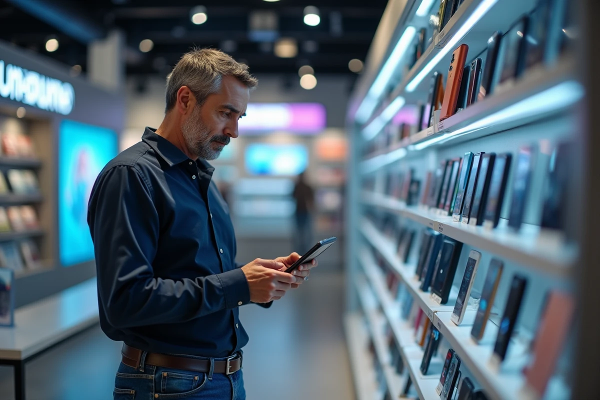 Homme en magasin d'électronique comparant le prix de deux modèles Samsung dans un rayon de smartphones