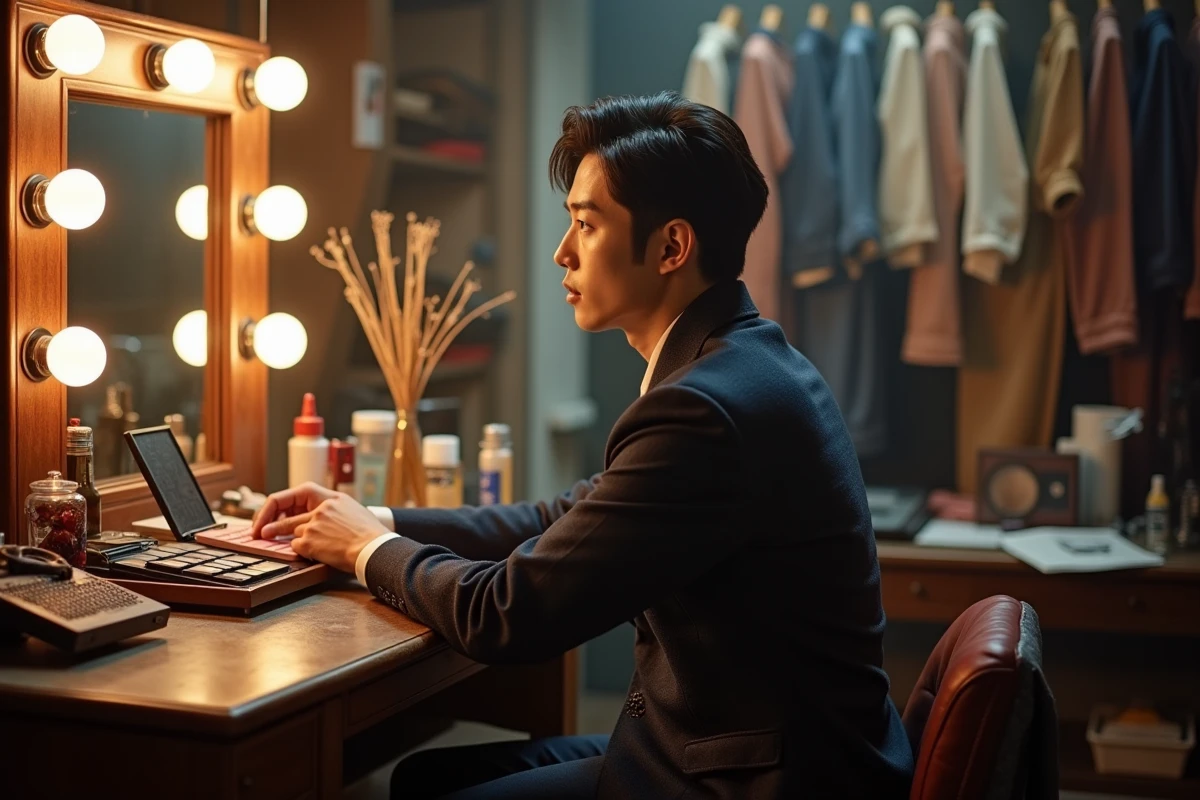 Acteur coréen en costume de drama se préparant en coulisses avant un tournage de série télévisée