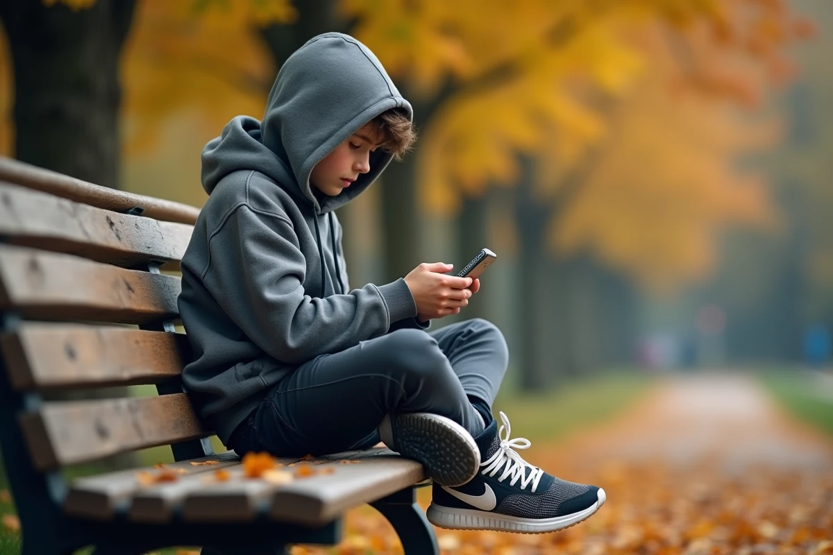 Adolescent jouant à un jeu sur son smartphone dans un parc