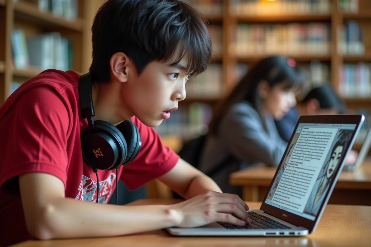 Adolescent surpris en train de lire le dernier scan de One Piece en français sur un ordinateur portable en bibliothèque