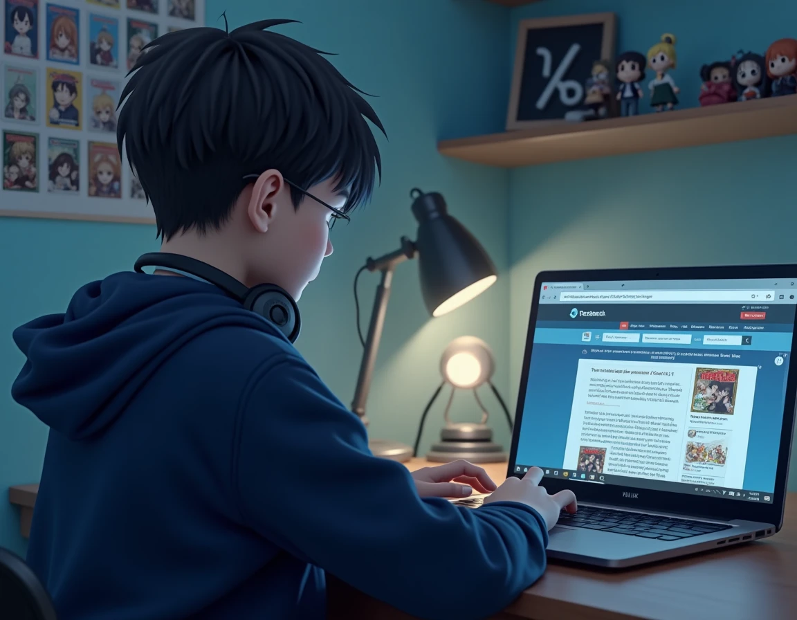 Adolescent découvrant un site de lecture de manga en ligne depuis son bureau d'étudiant