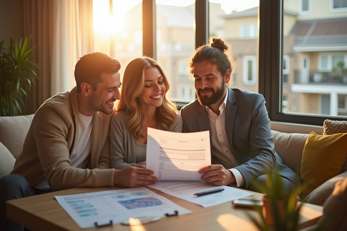 Agent immobilier et couple examinant un certificat énergétique dans un appartement lumineux