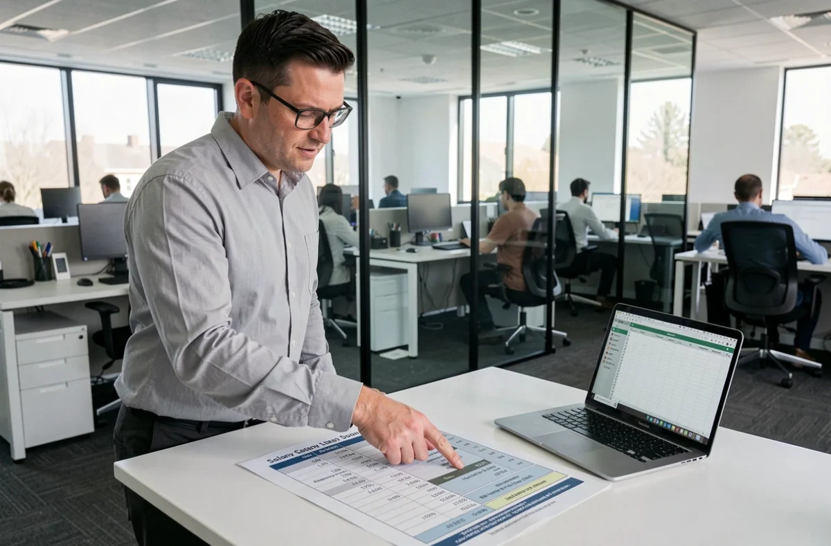Agent territorial debout consultant sa grille de rémunération sur bureau moderne