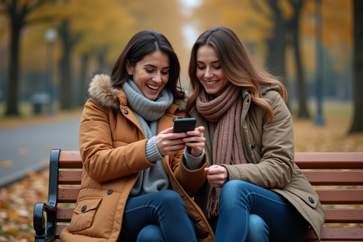 Deux amies dans un parc en automne regardant des messages romantiques sur un téléphone
