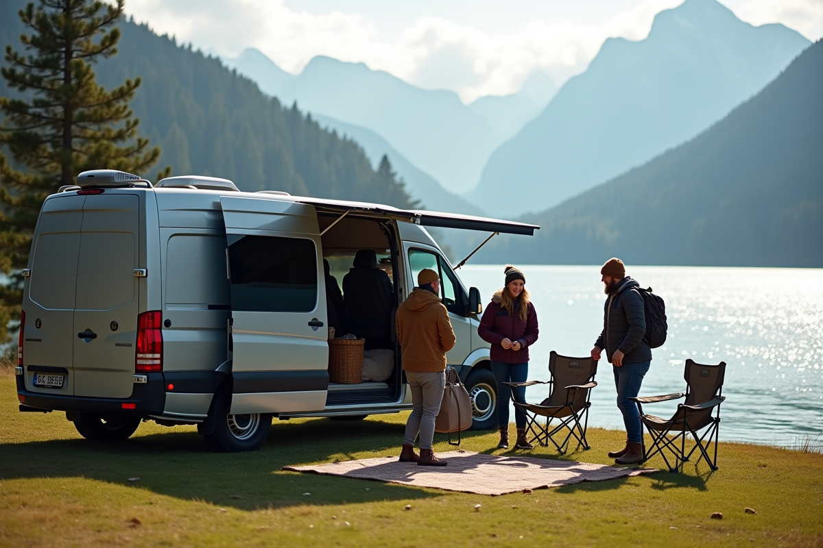 Amis déballant du matériel au bord du lac