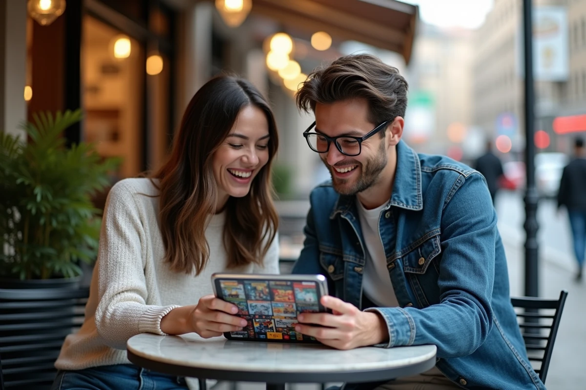 Deux amis geeks discutant de recommandations de séries et mangas sur une tablette en terrasse de café