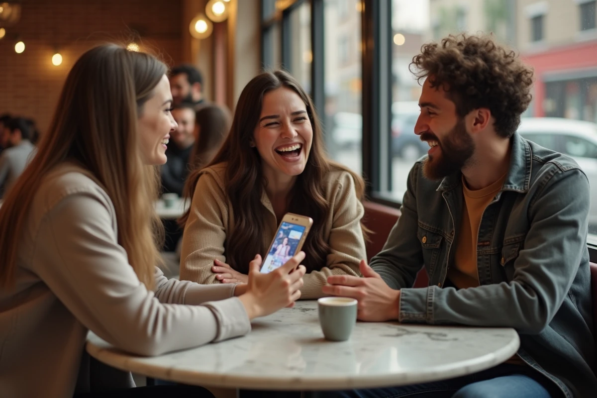 Groupe d'amis riant ensemble en regardant des GIFs anniversaire amusants sur un téléphone dans un café