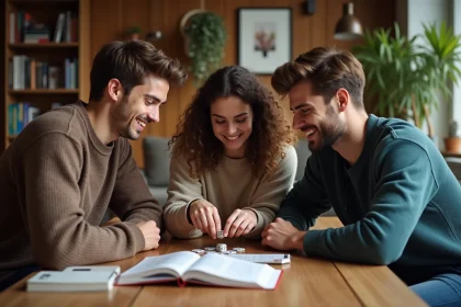 Trois amis jouent au jeu de dés 421 dans un salon chaleureux