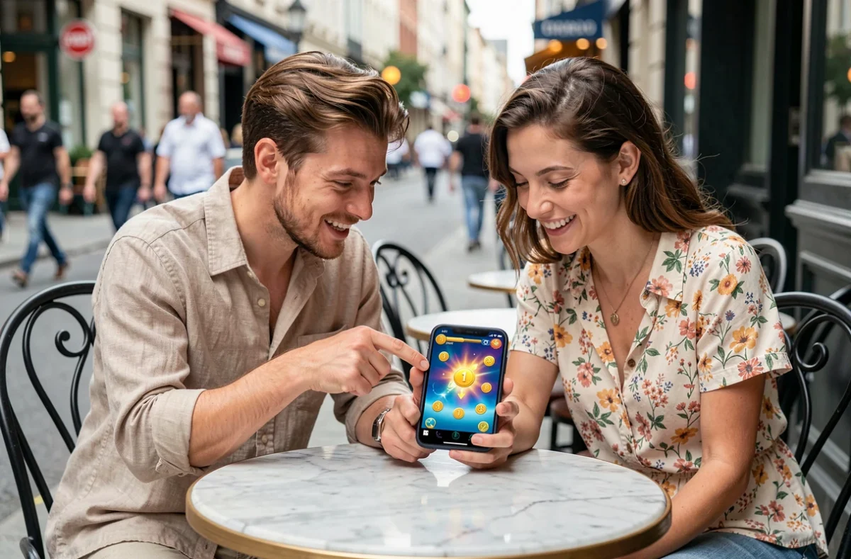 Deux amis regardant ensemble un jeu mobile de pièces sur une terrasse de café en ville