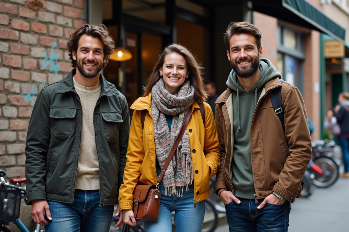Trois amis avec trouvailles de seconde main dans un marché urbain