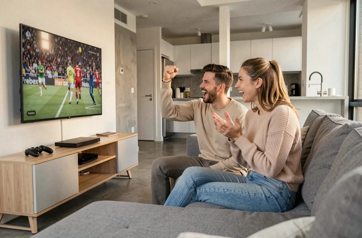 Deux amis réagissant avec enthousiasme devant un match sportif sur la chaîne Freebox Pop