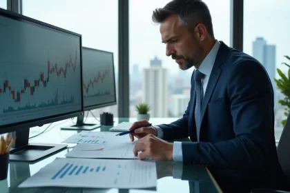 Analyste financier examinant des graphiques de performance immobilière sur un bureau vitré dans un bureau moderne avec vue sur la ville