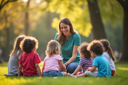 Animateur éducatif guidant des enfants dans un parc ensoleille