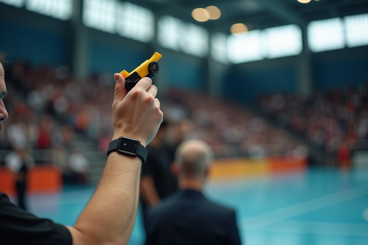 Arbitre de handball tenant un sifflet et un tableau de score