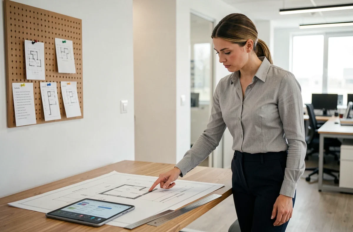Architecte femme vérifiant des calculs de conversion de surface en volume sur des plans architecturaux dans un bureau moderne