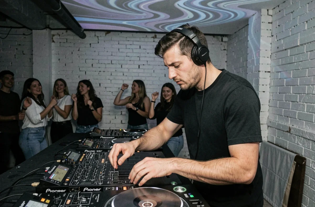 DJ Aron Cluster en session de musique house et deep house dans un club underground avec ambiance minimaliste