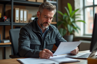 Artisan homme en bureau examinant des documents d'assurance