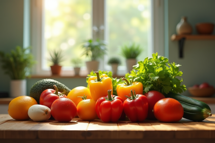 Assortiment de fruits et légumes frais sur un plan de travail