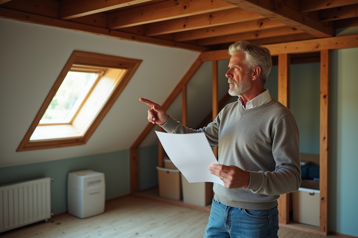 Homme mature pointant une trappe d'isolation dans une maison