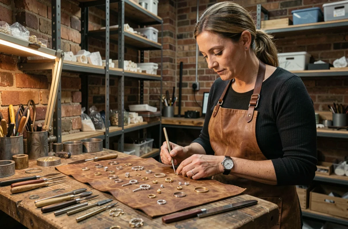 Atelier de création artisanale de bijoux AVM Creation avec bijoutière au travail