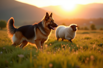 Chien berger allemand à long poil guidant des moutons dans un pré vert au lever du soleil