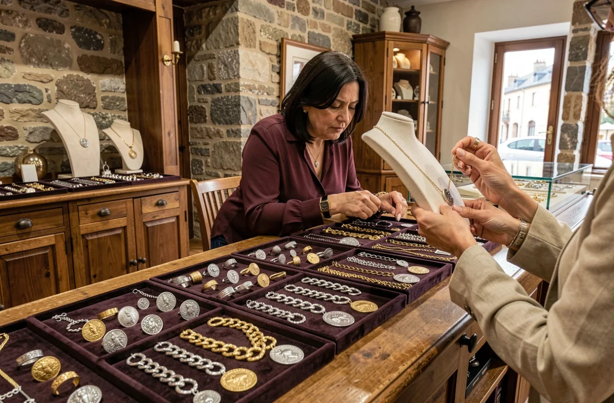 Bijoux artisanaux en argent et or présentés à la Bijouterie du Donjon AZM en Essonne