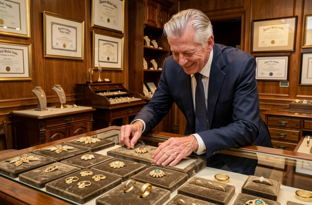 Bijoutier Michel André présentant une collection de bijoux en or vintage dans sa boutique