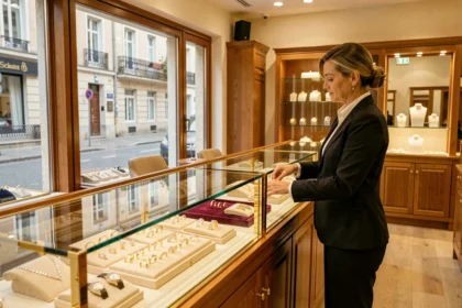 Intérieur d'une bijouterie élégante en Essonne avec vitrines de bijoux en or et diamants