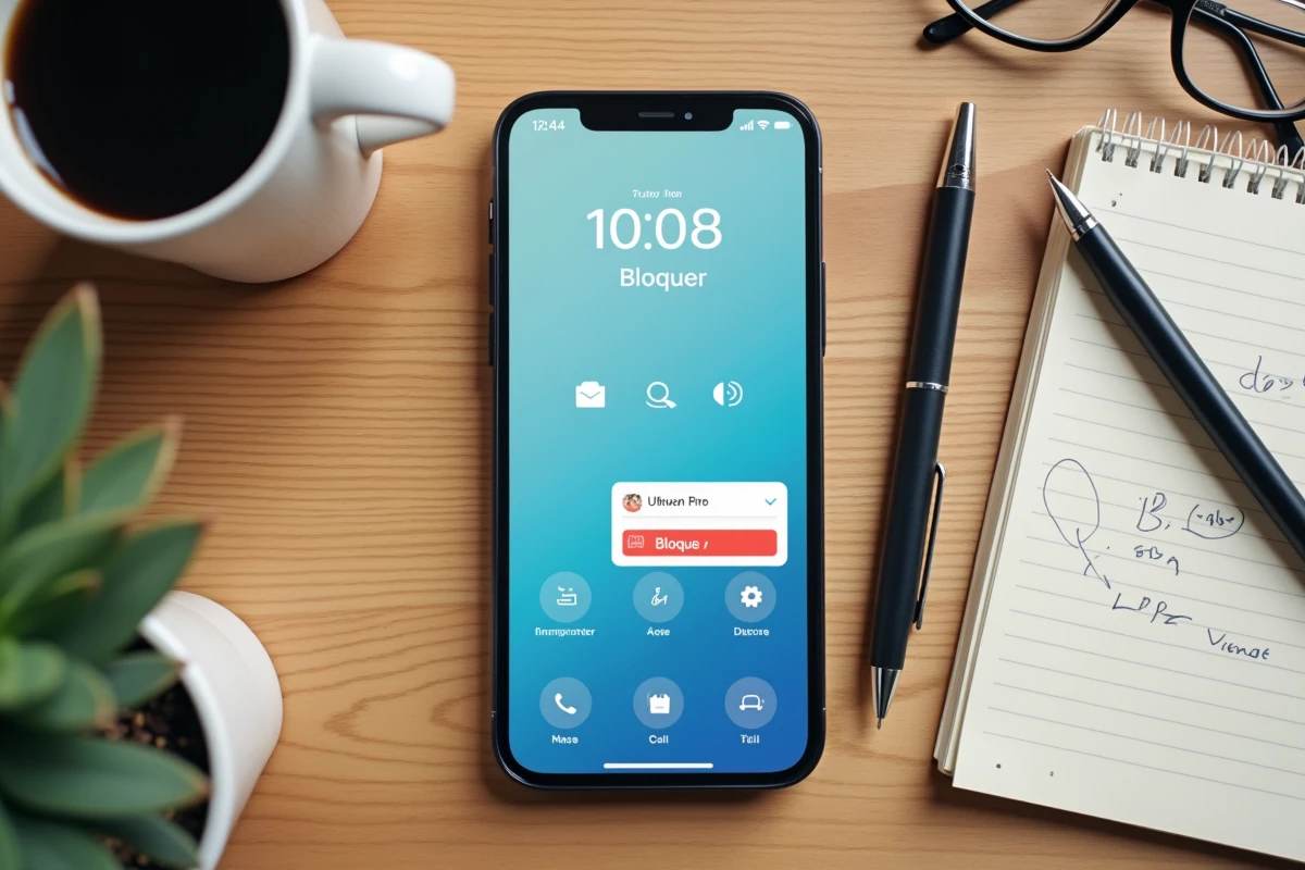 Vue aérienne d'un iPhone affichant l'option de blocage d'un numéro 03 77 sur une table en bois avec carnet de notes