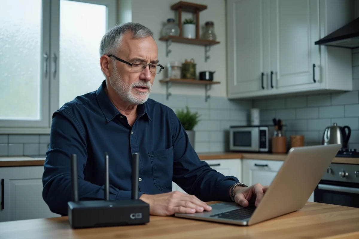 Homme configurant sa box internet pour bloquer un numéro de téléphone indésirable 03 77 depuis son domicile