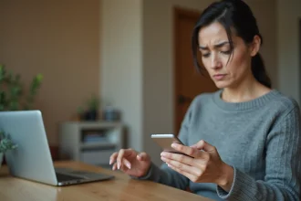 Femme bloquant un numéro de téléphone 03 77 sur son smartphone Android dans un bureau à domicile