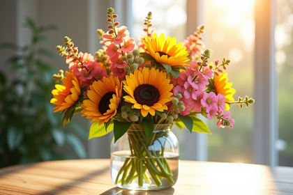 Bouquet coloré de fleurs en S dans un vase moderne sur une table en bois