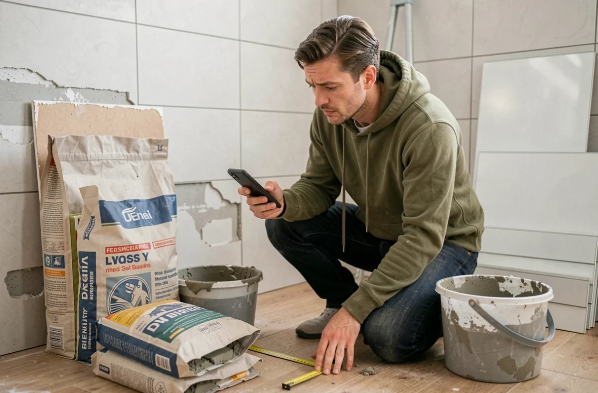 Bricoleur amateur consultant une application de conversion m2 en m3 sur smartphone lors de travaux de carrelage dans une salle de bain