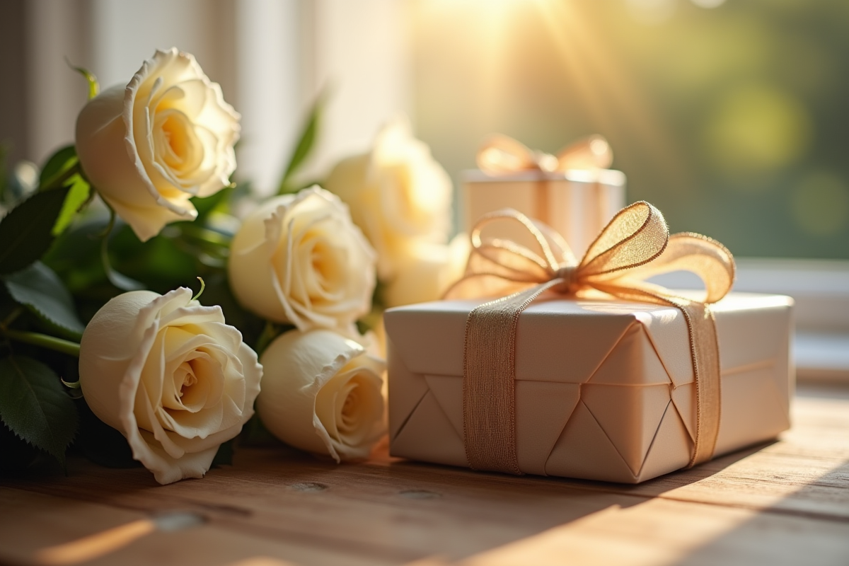 Coffret cadeaux et bouquet de roses blanches sur table