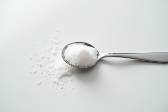 Cuillère en acier inoxydable remplie de sucre blanc fin