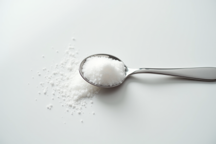 Cuillère en acier inoxydable remplie de sucre blanc fin