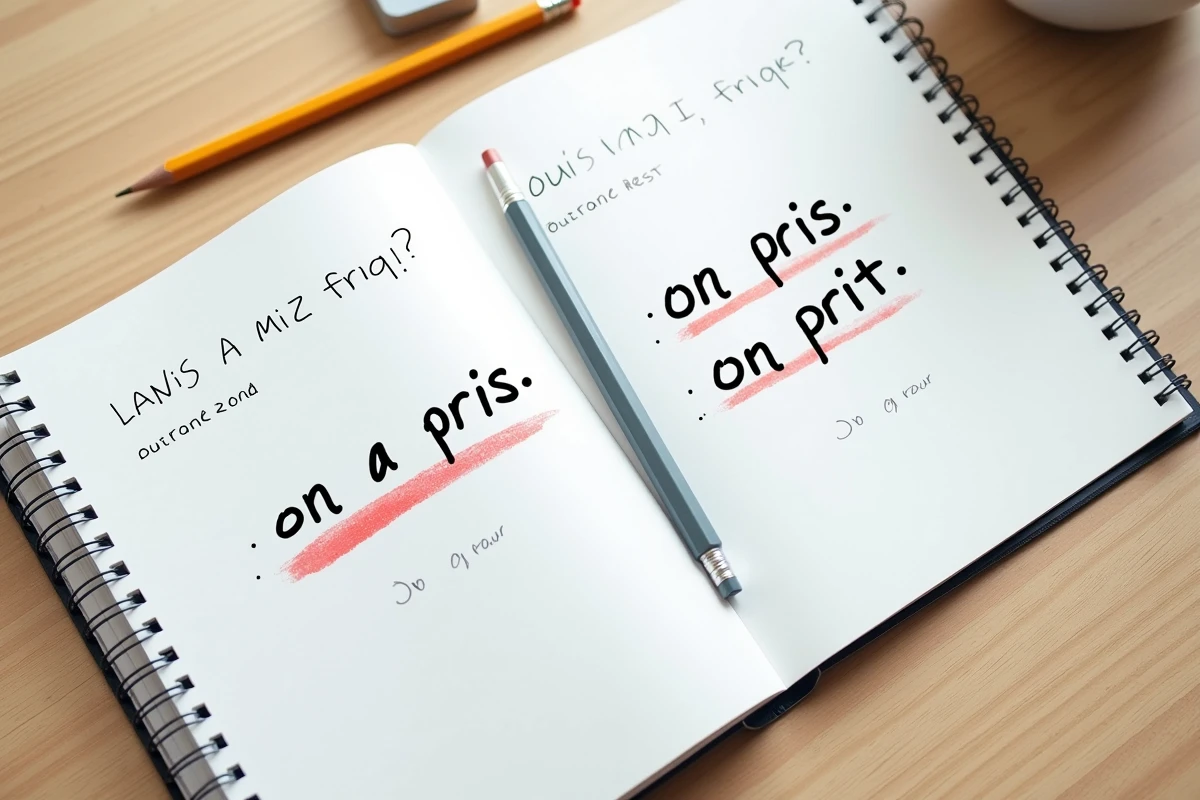 Cahier de grammaire française ouvert montrant des exercices manuscrits sur l'orthographe de 'on a pris' et 'on prit' avec corrections au stylo rouge