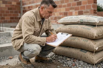 Professionnel du bâtiment calculant la conversion de m2 en m3 sur un chantier de construction avec des sacs de sable empilés