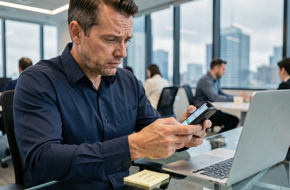 Homme calculant un écart entre deux dates avec son smartphone et des notes dans un bureau moderne