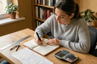 Femme calculant la surface d'un cercle avec une calculatrice et des formules géométriques dans un carnet sur un bureau en bois