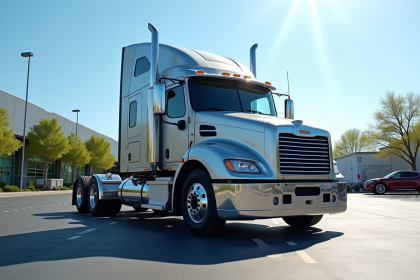Camion utilitaire 13 tonnes garé sur un parking propre avec ciel bleu