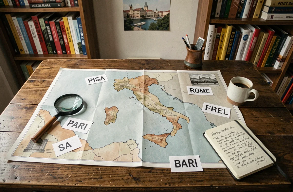 Carte détaillée de l'Italie entourée de cartes de noms de villes en quatre lettres sur un bureau en chêne avec carnet de notes
