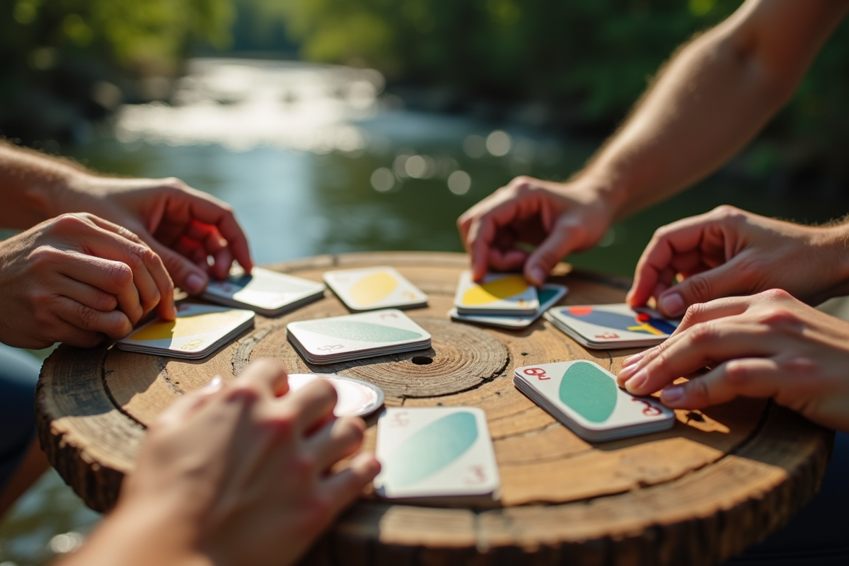 Mains mélangeant des cartes River Uno sur une table extérieure