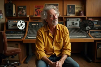 Chanteur masculin des années 70 dans un studio d'enregistrement vintage entouré de vinyles et de consoles analogiques