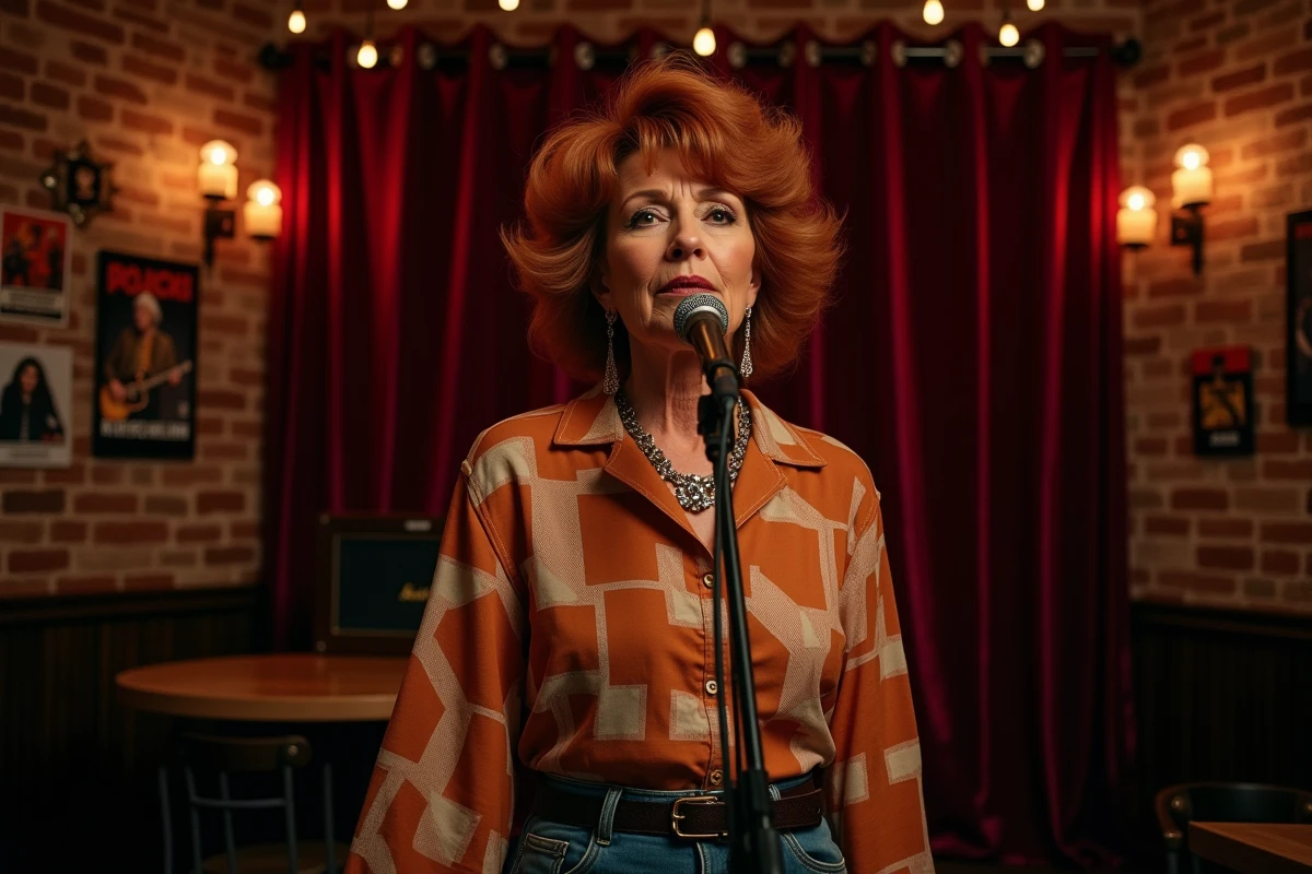 Chanteuse des années 70 sur une petite scène de bar rétro avec micro vintage et affiches de concert