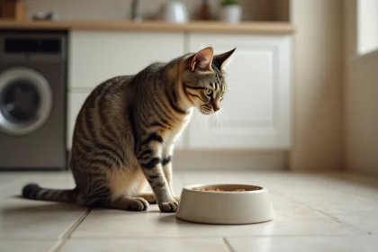 Chat adulte stérilisé assis près de sa gamelle dans une cuisine moderne, illustrant le changement d'alimentation après stérilisation