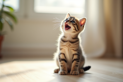 Chaton curieux assis sur le sol en bois clair