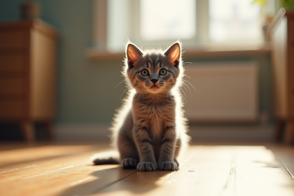 Chaton gris joueur sur plancher en bois en lumière naturelle