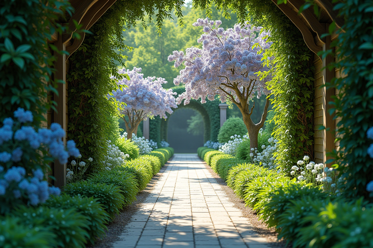 Sentier botanique bordé de vignes de jade en fleurs